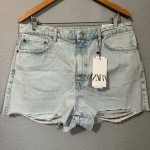Zara Women Light Blue Bohemian High Rise Rigid Distressed‎ Denim Short Size 14